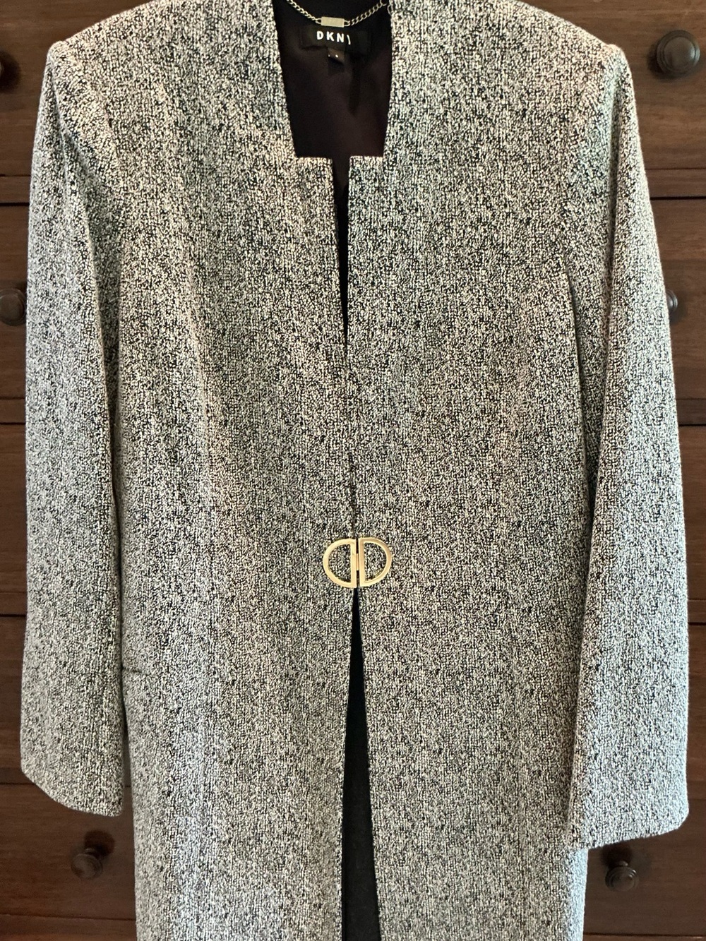 DKNY Black and White Tweed Blazer-Style Coat with Gold Clasp - Size 8